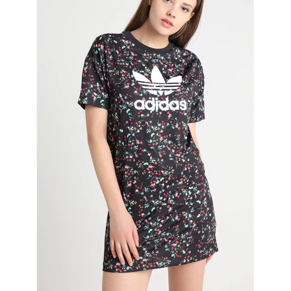 ADIDAS ORIGINALS Women Black Floral Trefoil T Shirt Dress Print Small Blockette